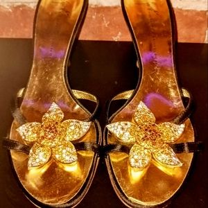 Giuseppe Zanotti Luxury Brand Black and Gold Sunflower Sandals size 38